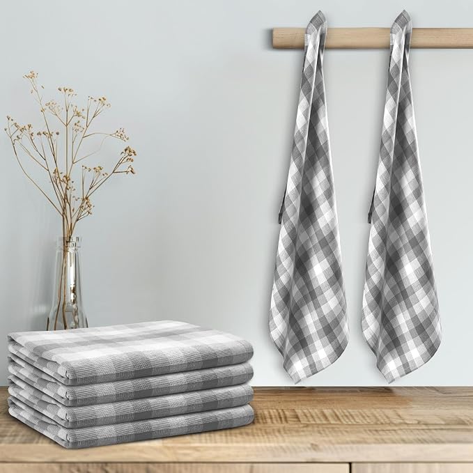 Kitchen Towels Set of 6 Grey/White Checks 20x30 Inches 100% Cotton Highly - Image 3