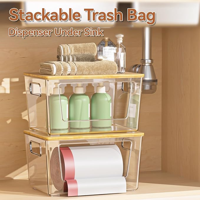 2 Pack Trash Bag Holder with Bamboo Lid, Stackable Trashbag Dispenser, Extra - Image 2