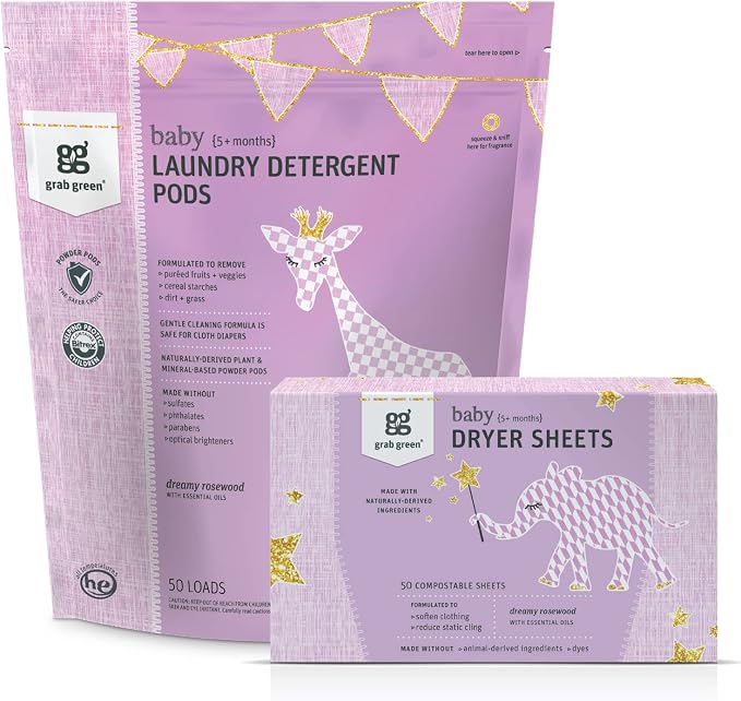 Grab Green Baby Laundry Detergent Pods and Dryer Sheets Bundle, Dreamy Rosewood by GrabGreen