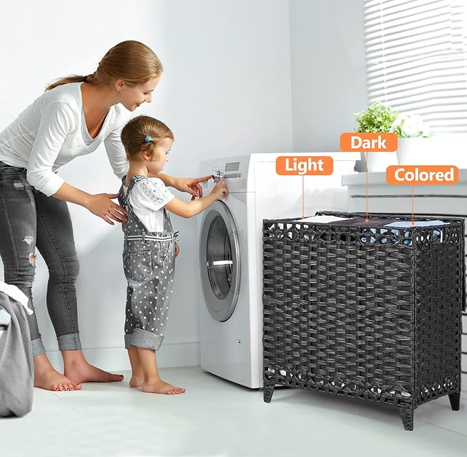 Laundry Hamper with 3 Removable Liner Bags; 132L Handwoven Rattan Laundry - Image 2