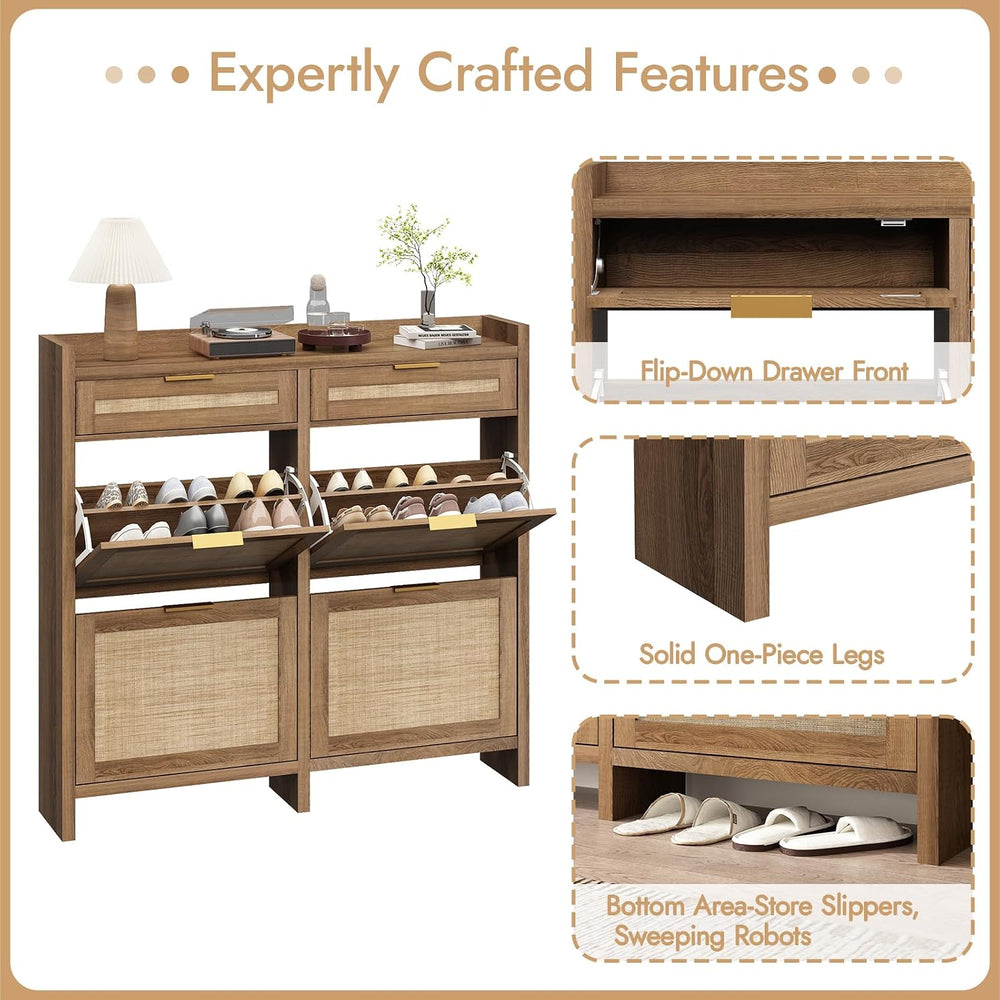 HOKYHOKY Large Rattan Shoe Storage Cabinet with 4 Flip Drawers & 2 Storages