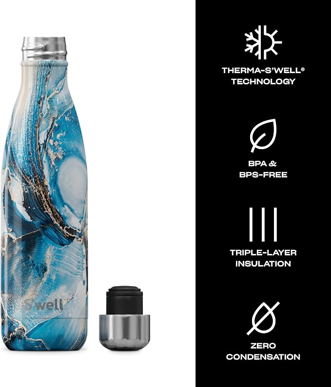 S'well Stainless Steel Water Bottle, Ocean Marble, Triple Layered Vacuum - Image 3