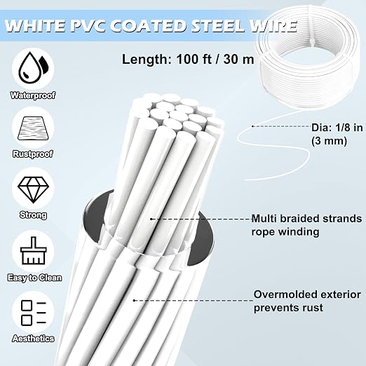 Turnbuckles for Cables Wire, 1/8" X 100Ft White PVC Coated Wire Rope Kit - Image 3
