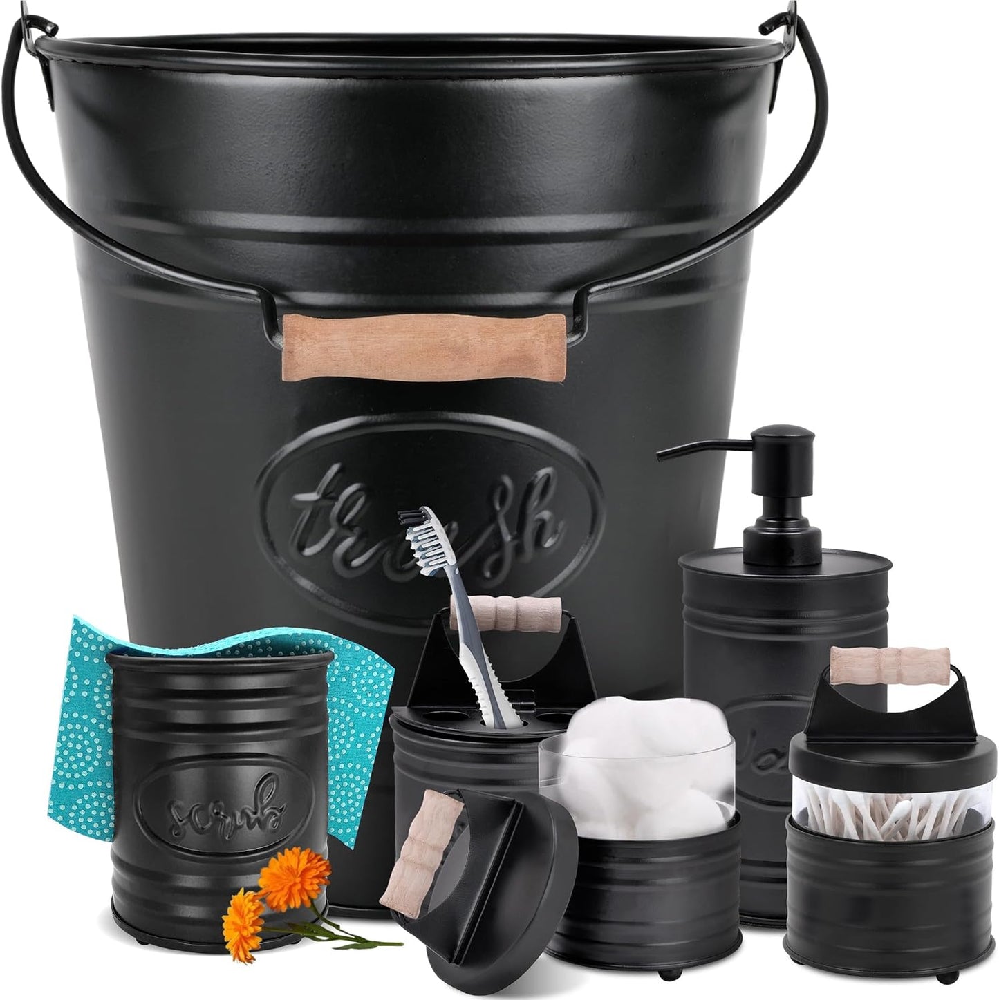 Autumn Alley Rustic Black Farmhouse Bathroom & Kitchen Accessories Set, 6-Piece Black Bathroom Set with Trash Can, Soap Dispenser, Toothbrush Holder, Decorative Sponge Holder & Apothecary Jars