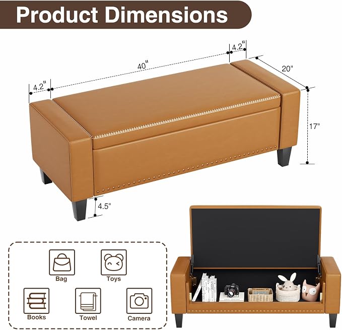 48.8" Storage Ottoman Bench Brown | Faux Leather Bedroom Bench - Image 2