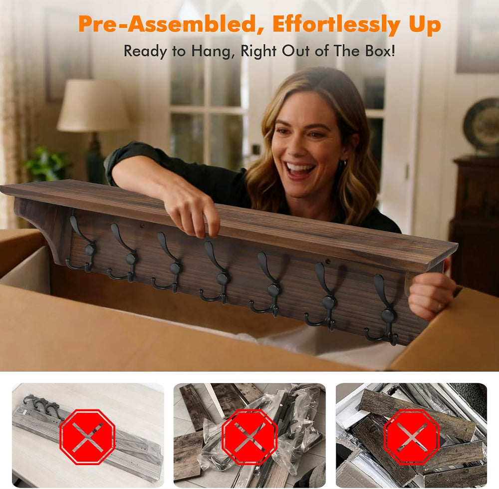 33" Coat Rack with Shelf Wall Mount, Pre-Assembled Solid Wood Coat Hooks...