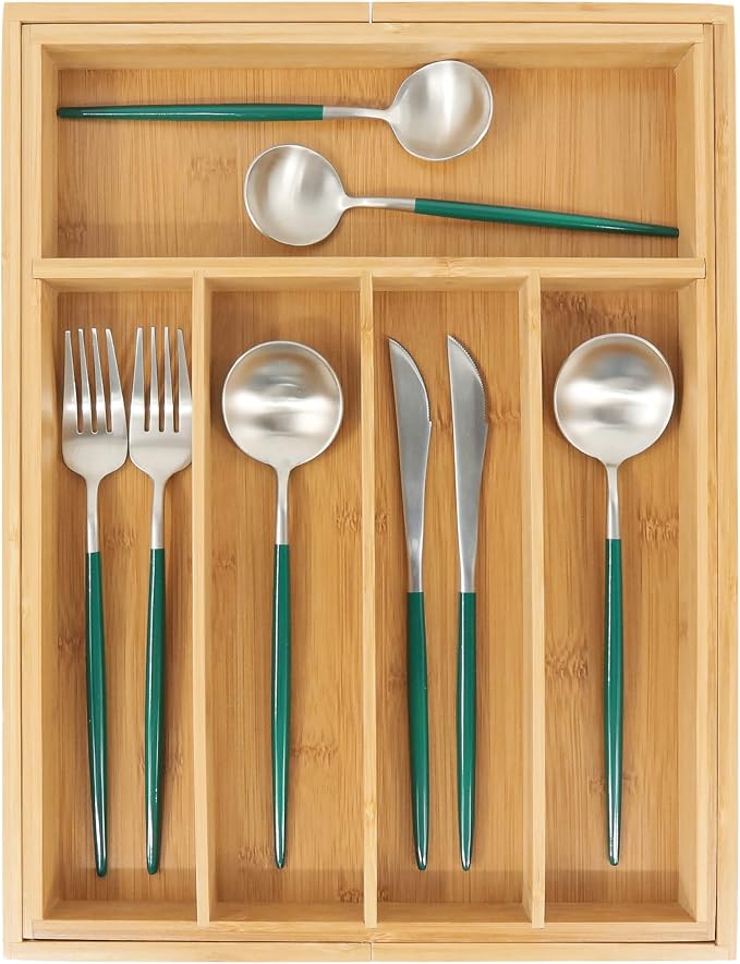 VaeFae Bamboo Drawer Organizer, Expandable Silverware Drawer Organizer - Image 2