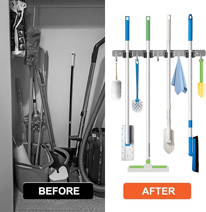 ZONGOOL 4 Racks and 5 Hooks Broom Holder Wall Mount Mop Hanger Wall Mounted Mop - Image 4