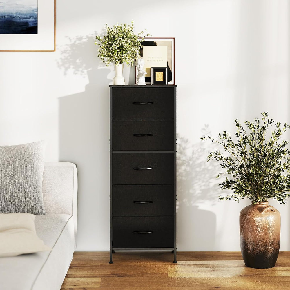 OLIXIS Tall 5 Drawer Fabric Dresser Storage Tower Bedroom Organizer, Black