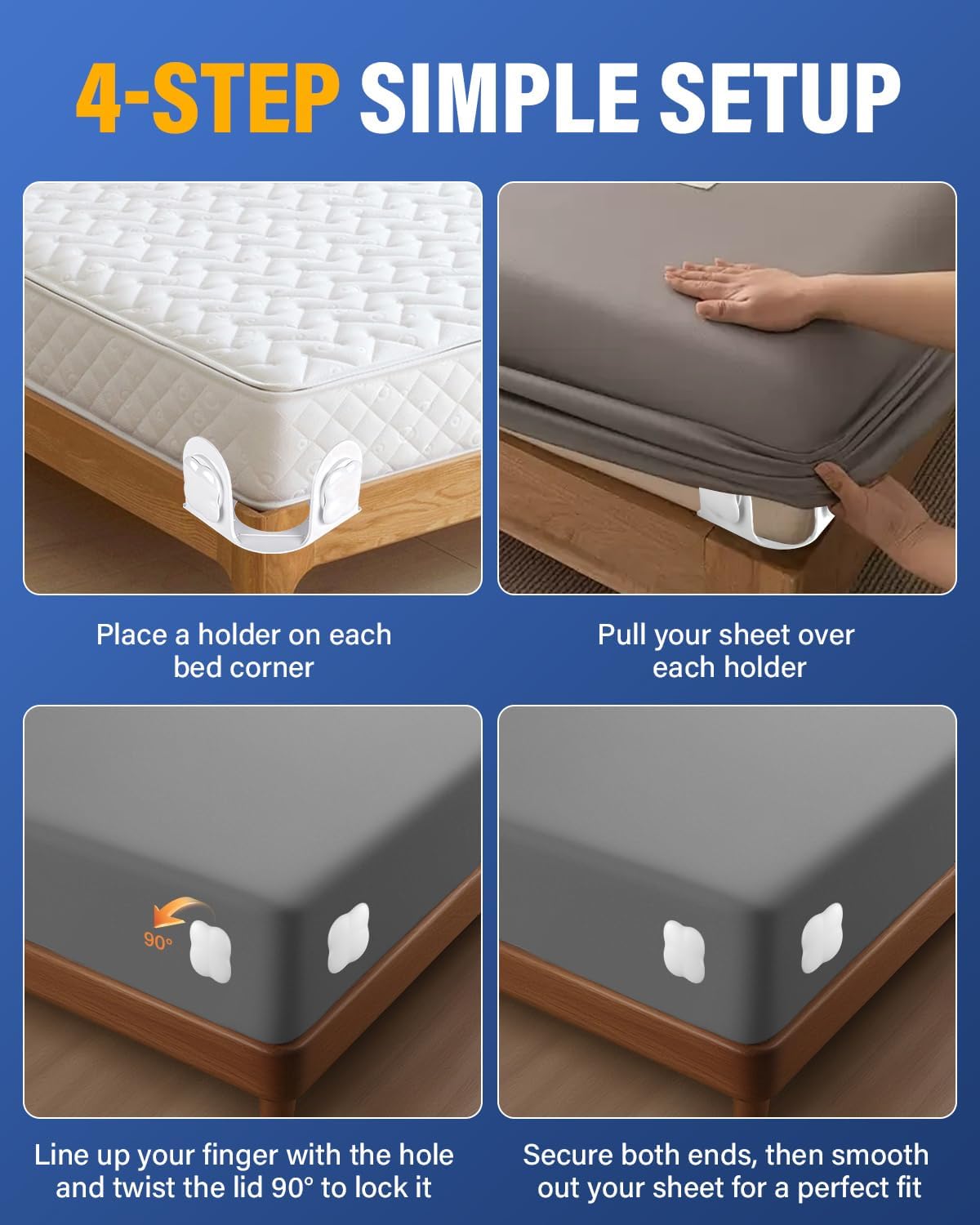 Twist-Lock Bed Sheet Holder & Corner Grippers - Stops Shifting & Bunching for a Tight Fit, Innovative Clip-Free Design,Universal for All Mattress & Sheet Sizes