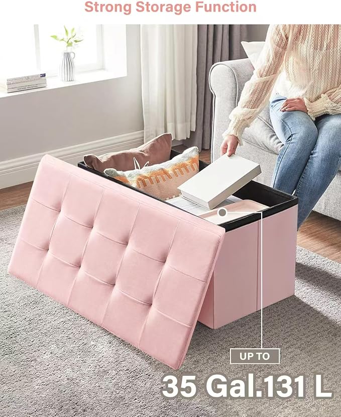 Folding Storage Ottoman, Velvet Storage Bench, Removable Divider, - Image 4