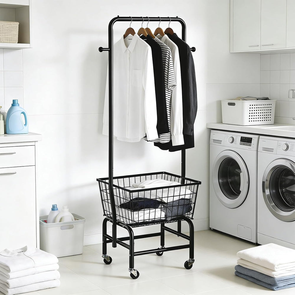 Rolling Laundry Cart with Hanging Rack Metal Laundry Basket with Wheels Laund...