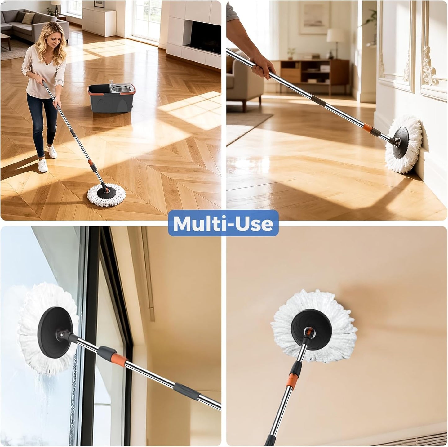 YASHE Foldable Spin Mop and Bucket System, Dual-Bucket Cleaning & Stainless Steel Wringing, Collapsible Storage with Detergent Bottle, 2 Reusable Microfiber Mop Heads for Floor Cleaning