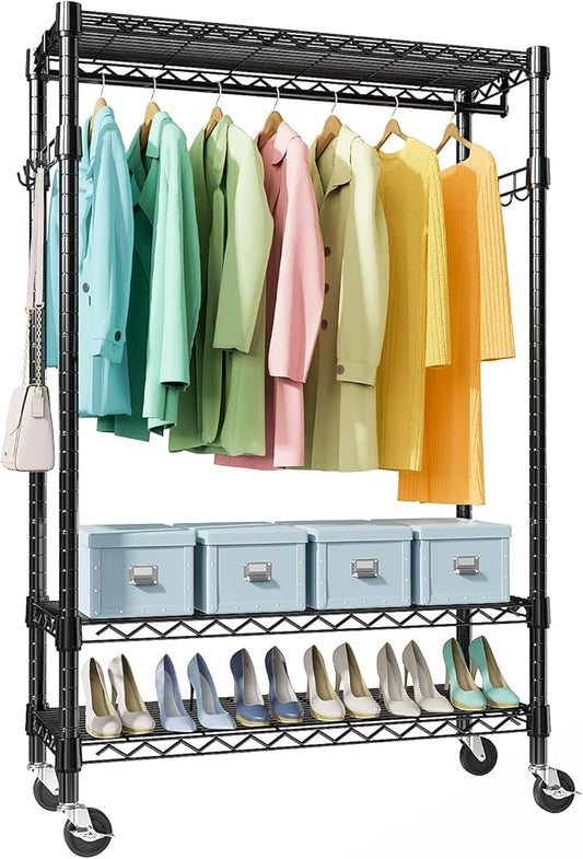 Heavy Duty Rolling Garment Rack 3 Tiers Adjustable Wire Shelving Clothes Rack by MEIGAOPLASTICANDMETALHKCOLIMITED