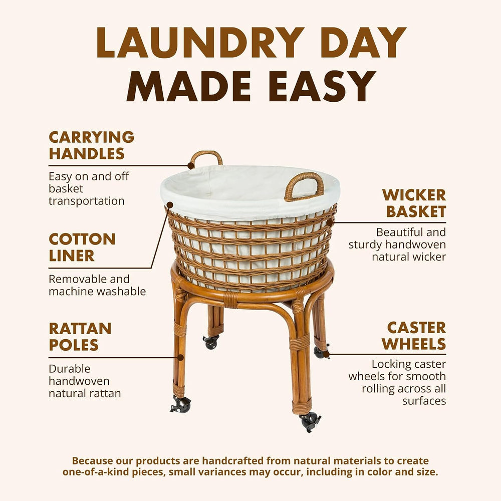KOUBOO Rolling Wicker Laundry Hamper with Liner Locking Wheels, Honey Brown