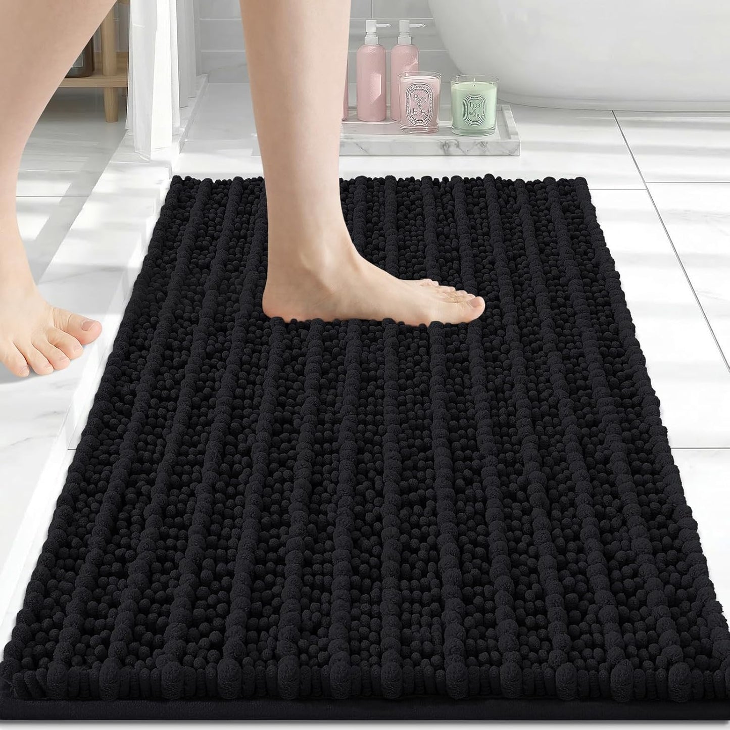 Arotive Luxury Bathroom Rugs 24x16, Extra Soft Thick Absorbent Shaggy Chenille Bath Rugs, Non-Slip Machine Wash Dry, Bath Mats for Bathroom Floor, Tub and Shower, Home Decor Accessories, Black