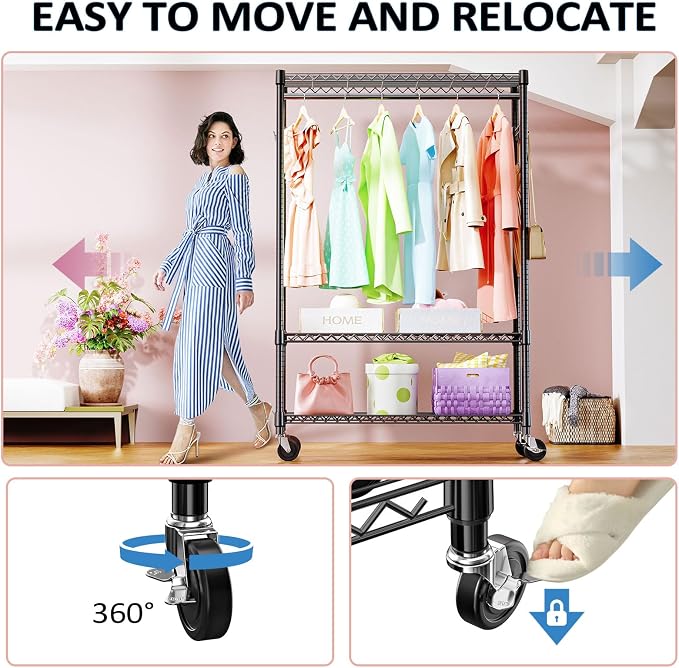 IZEUK 3 Tier Heavy Duty Rolling Garment Rack Wire Clothes Rack - Image 3