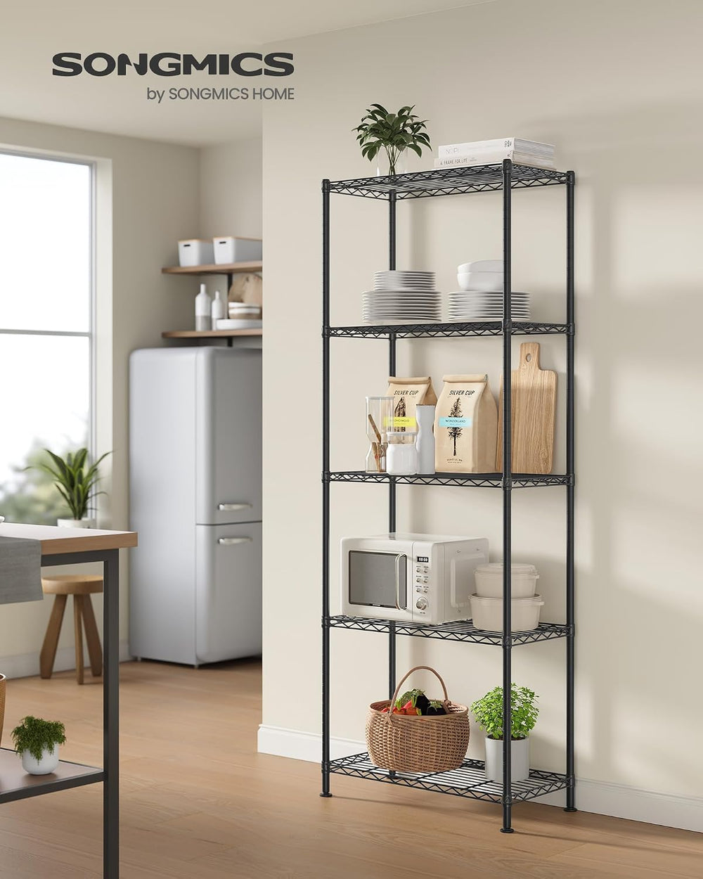 SONGMICS 5-Tier Storage Shelves, Adjustable Wire Shelving Unit, 8 Hooks