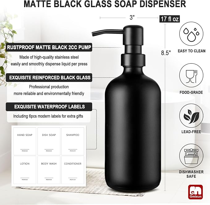 GMISUN Black Soap Dispenser, 2 Pack Matte Black Hand Soap Dispensers - Image 3