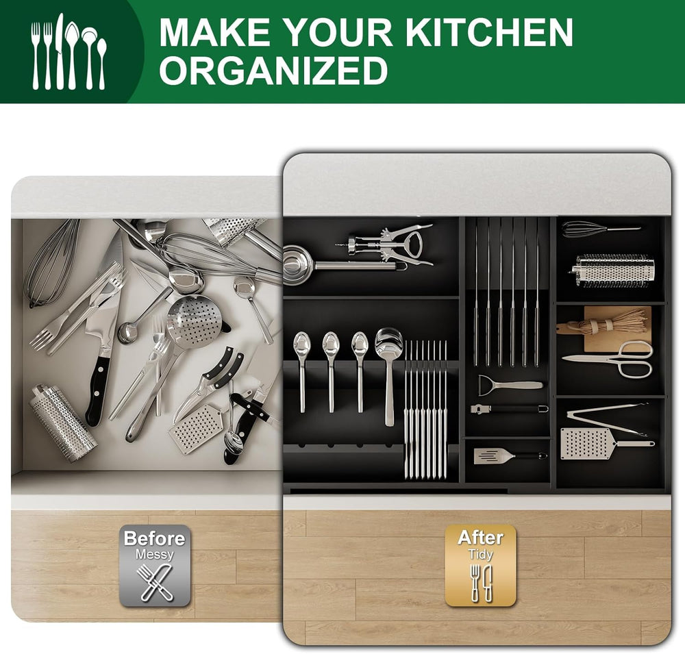 Bamboo Silverware Drawer Organizer, 17.72-29.53 Inch Expandable Large Kitchen...