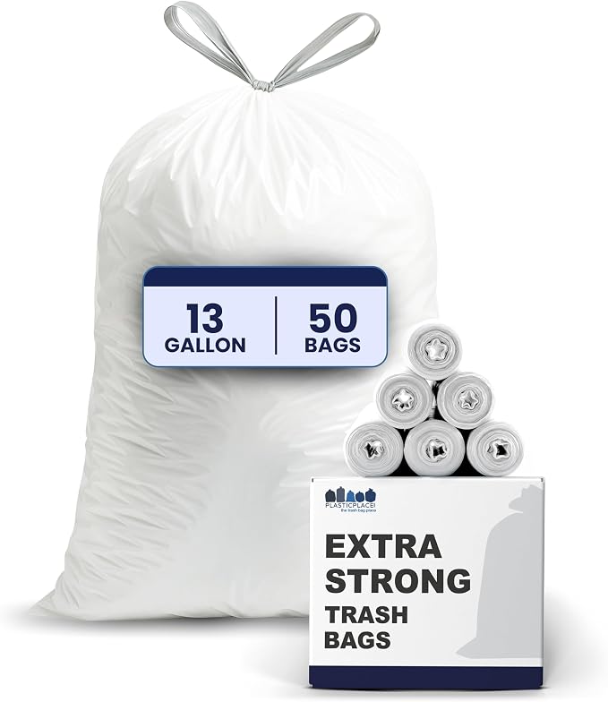 Plasticplace 13 Gallon Trash Bags │ 1.2 Mil │ White Extra-Large Drawstring by Plasticplace