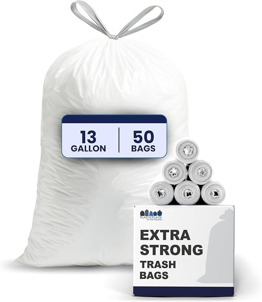 Plasticplace 13 Gallon Trash Bags │ 1.2 Mil │ White Extra-Large Drawstring by Plasticplace