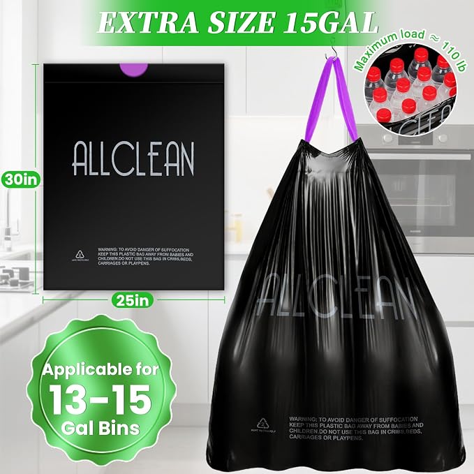 Trash Bags 15 Gallon Tall Kitchen Drawstring Garbage Bags, Fit 13-15 Gal Bins - Image 6