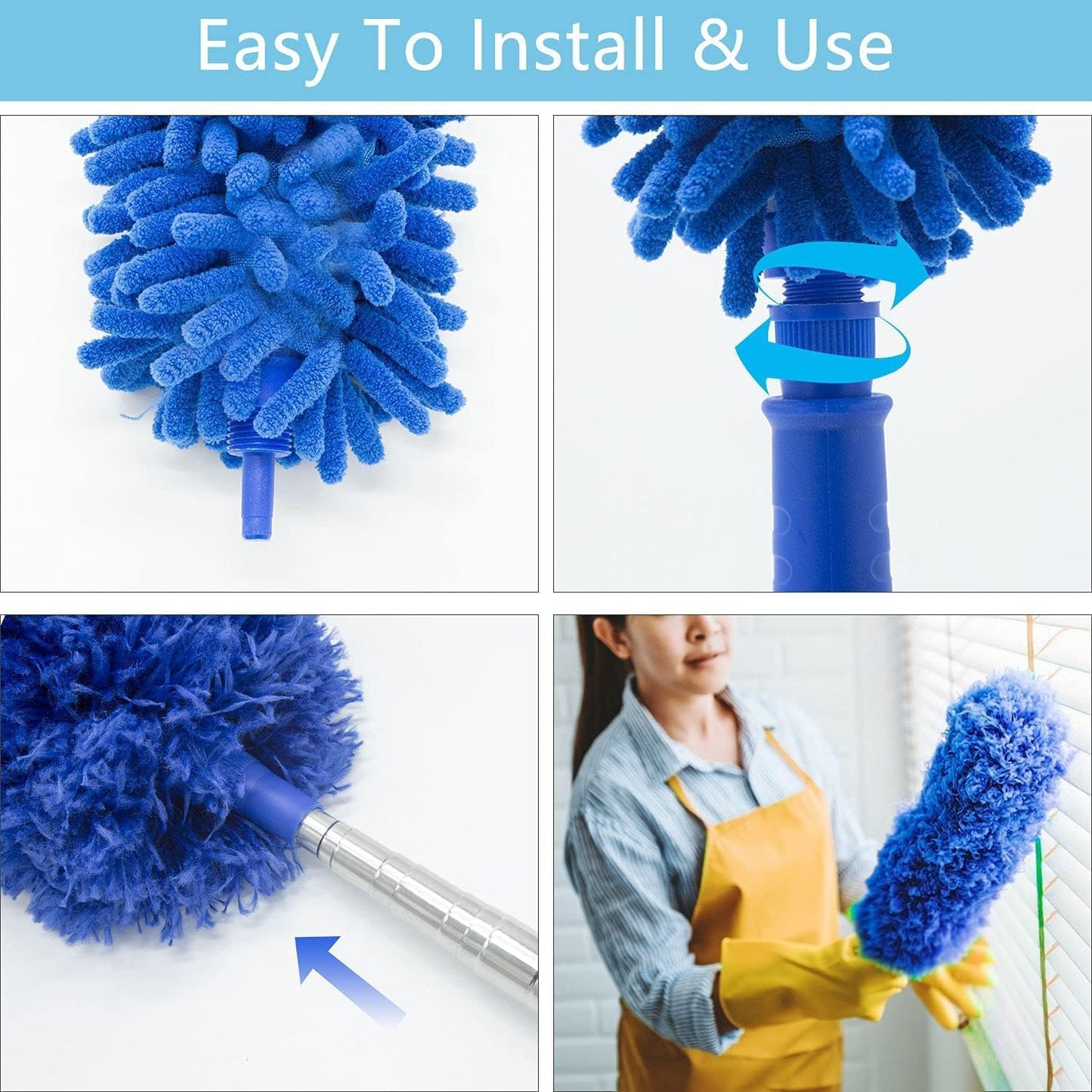 Buysenton Cobweb Duster with Extension Pole, Washable Cleaning Duster Kit with 3 Duster Heads, Cobweb Duster, Corner Brush, 15-100 Inch Long Aluminum Telescoping Pole for Ceiling Fan (Blue)