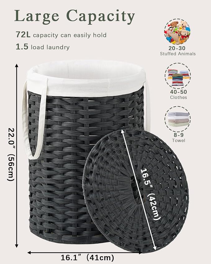 Laundry Hamper with Lid Laundry Basket with Lid 19.0 Gal Round Wicker Laundry - Image 4