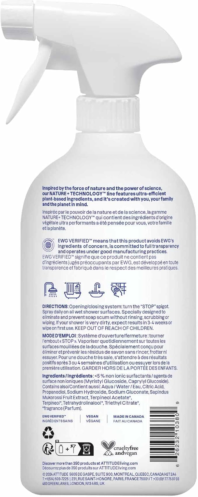 ATTITUDE Shower & Tile Cleaner, EWG Verified, Plant-Based & Vegan Bathroom Spray - Image 7