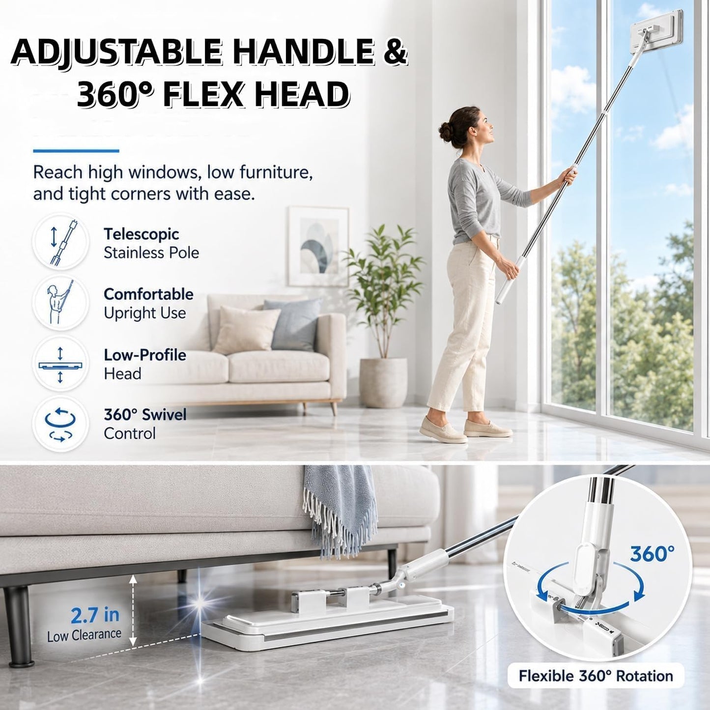 Hands-Free Multi-Purpose Flat Mop, 2026 New Hands Free Flat Mop One Click, Lazy Cleaning & Face Towel Cloth Changing Mini Mops, 360° Rotating Mops Head, for Floor, Wall, Bathroom (S(37.4in))