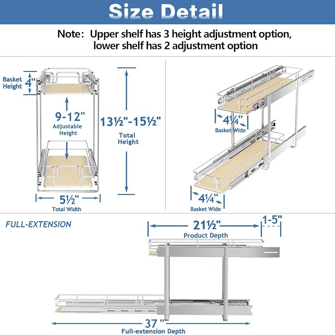 ROOMTEC 2 Tier Individual Pull Out Cabinet Organizer 5½"W x 21½"D, Slide Out - Image 3