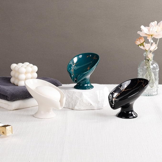 Soap Dish, Ceramic Soap Holder Self Draining Leaf Shape Bar Soap Holder - Image 9