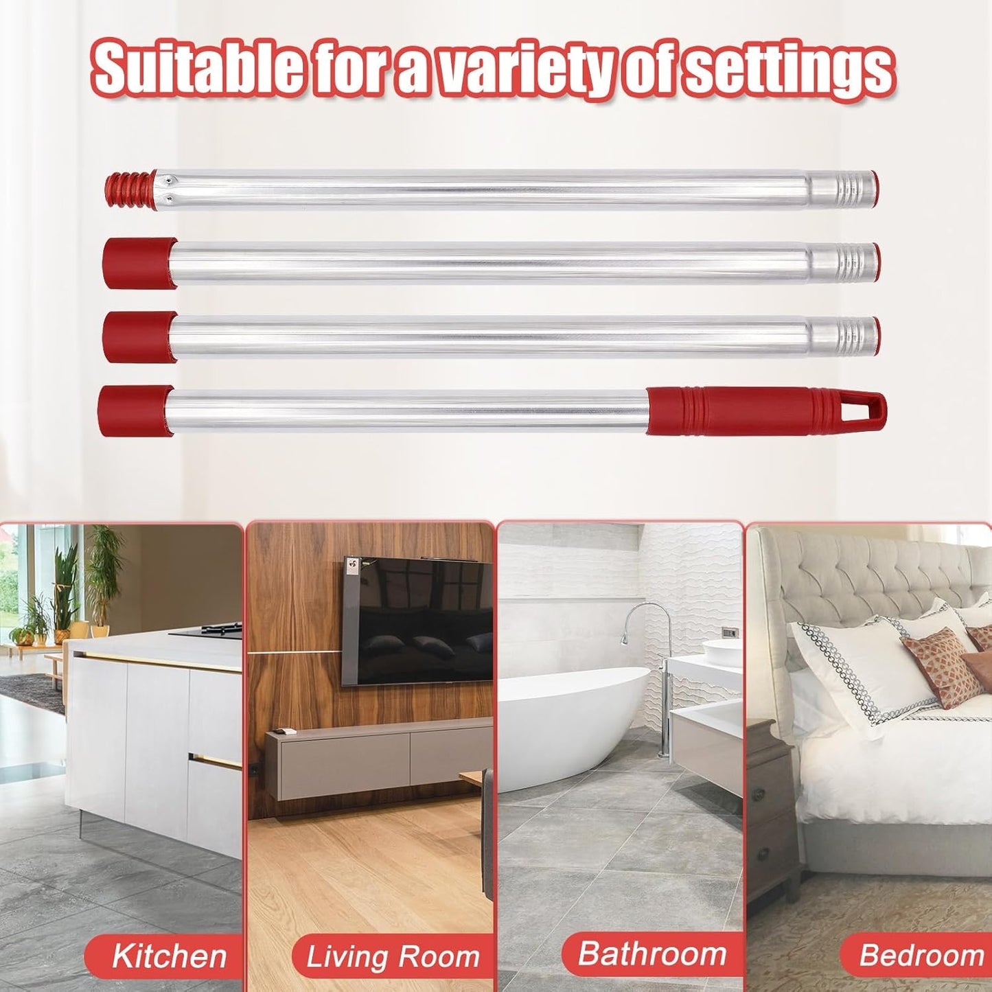 4-Section Spin Mop Handle Replacement, 30 to 58 inch Stainless Steel Handle Easy Install, Resistant to Deformation, American Threaded Joint, Compatible with O-Ceda Spin Mop Easy Wring Spin Mop Head