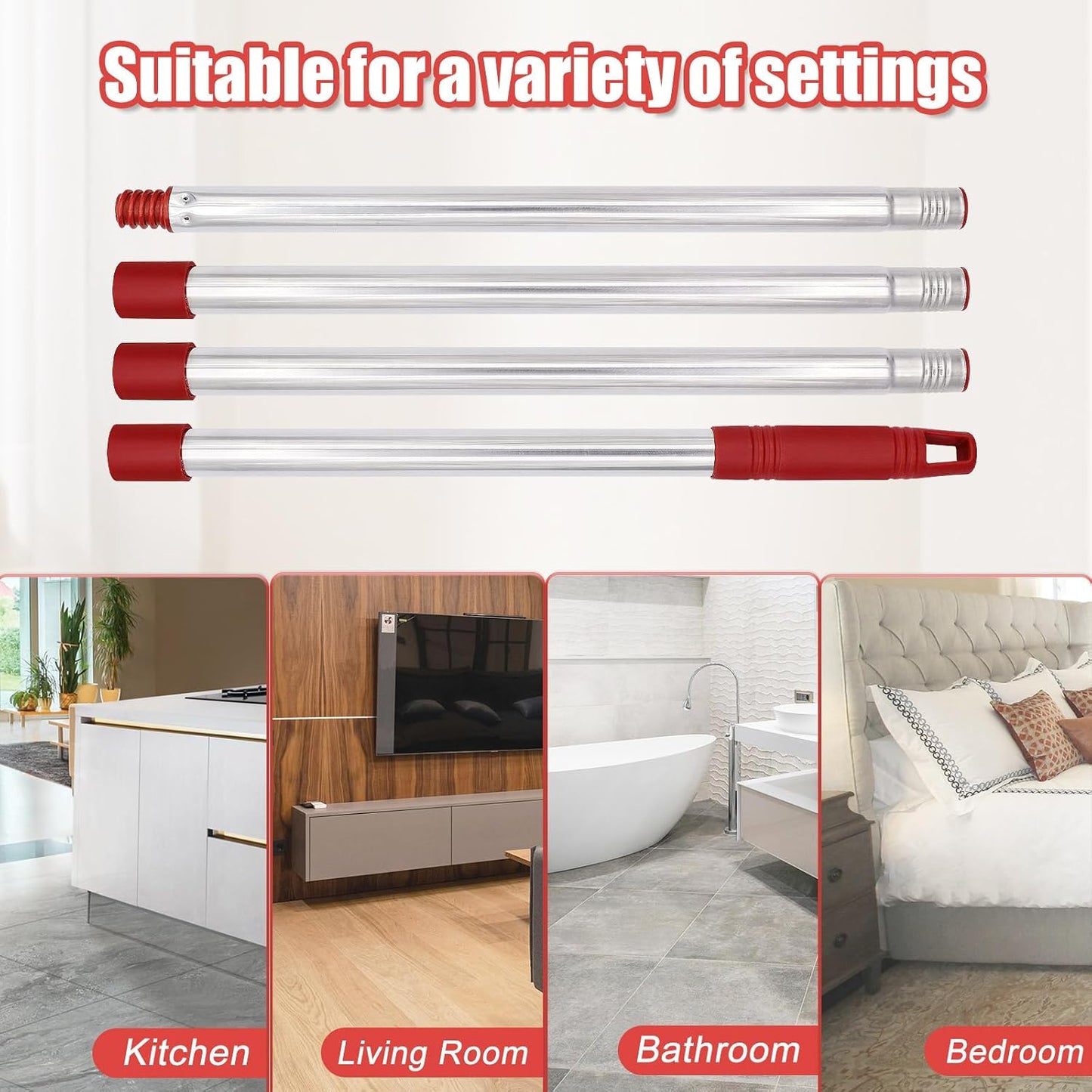 4-Section Spin Mop Handle Replacement, 30 to 58 inch Stainless Steel Handle Easy Install, Resistant to Deformation, American Threaded Joint, Compatible with O-Ceda Spin Mop Easy Wring Spin Mop Head