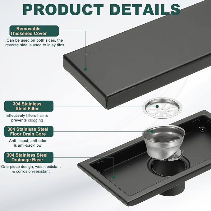 uxcell Rectangular Shower Drain, Brushed 304 Stainless Steel Odor-Proof Floor - Image 3