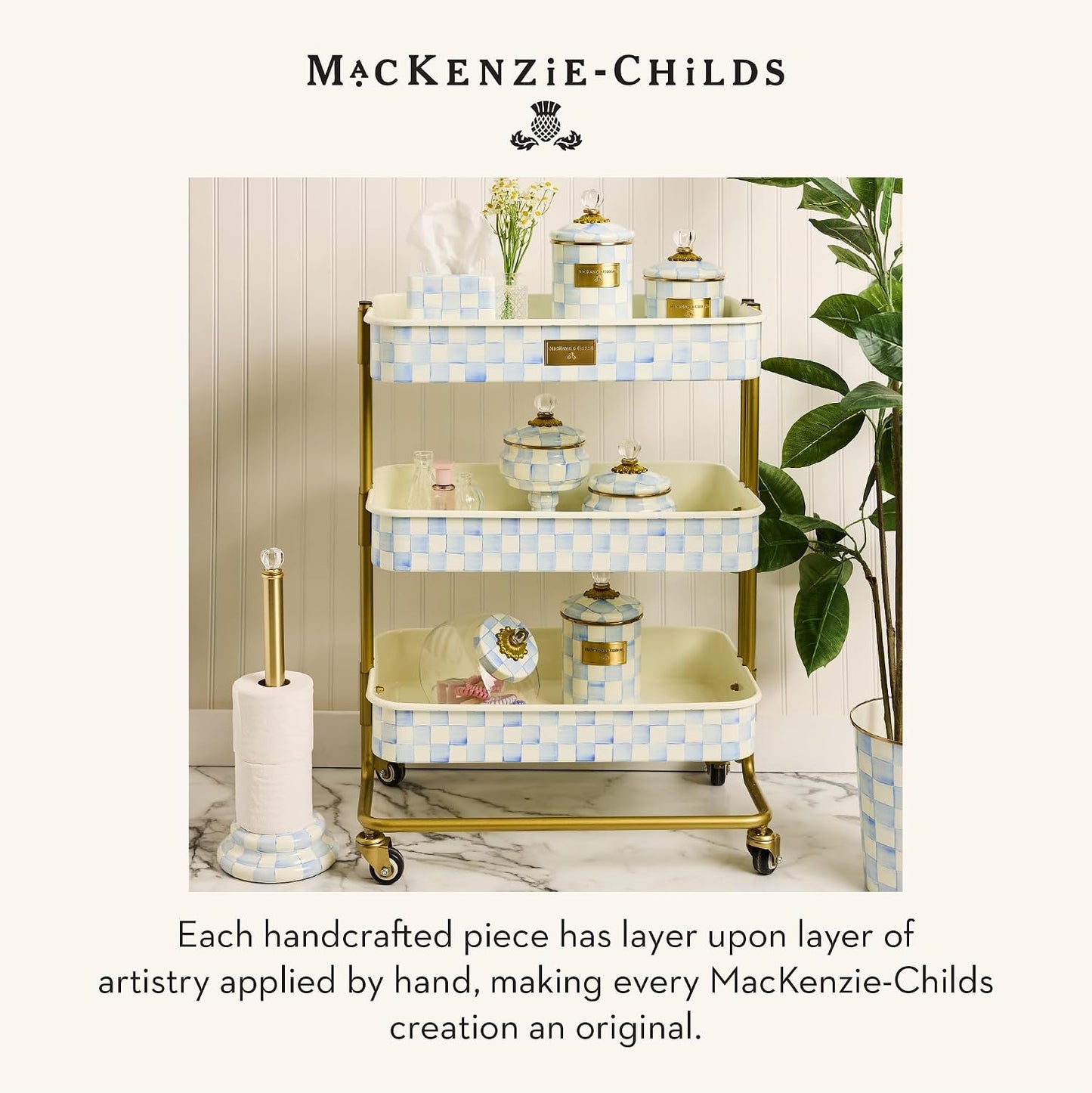 MACKENZIE-CHILDS Waste Bin, Light-Blue-and-White Sky Check | Hand-painted design, made from enameled steel, decorative bedroom or bathroom trash can, 8" dia. x 9.5" H