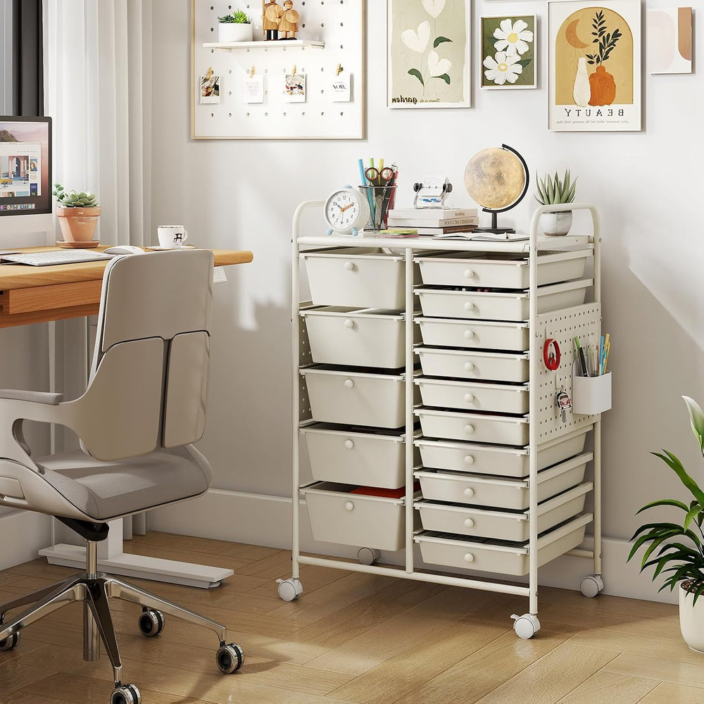 Giantex 15 Drawer Storage Cart, Rolling Craft Cart with Metal Tabletop & ...