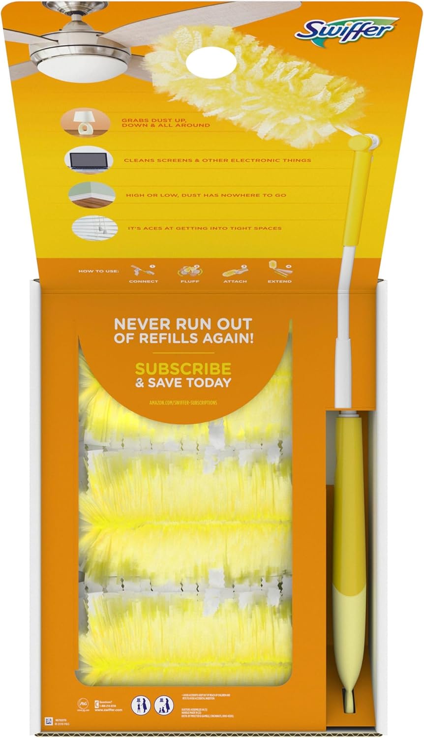 Swiffer Duster Kit with 3 ft Extendable Handle, Dusters for Cleaning, Set Includes 1 Extension Pole and 12 Heavy Duty Dusting Refills Dust Cleaner, Long Extended Wand for Ceiling Fans and Walls