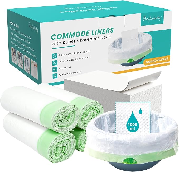 60 Pack Commode Liners with Super Absorbent Pads, Disposable Leakproof Bedside by Fasjloctavty