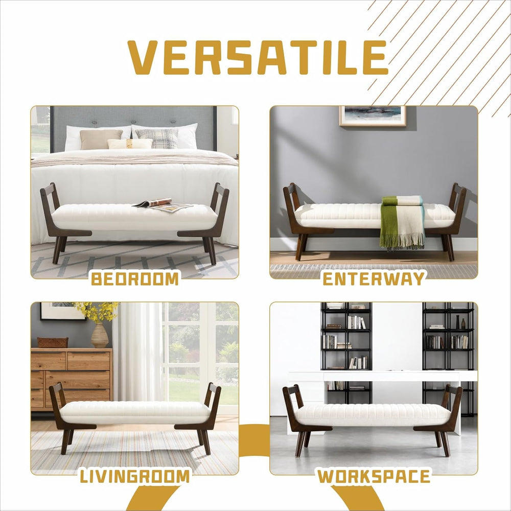 52" Upholstered Bench, Beige Chenille, Walnut Legs