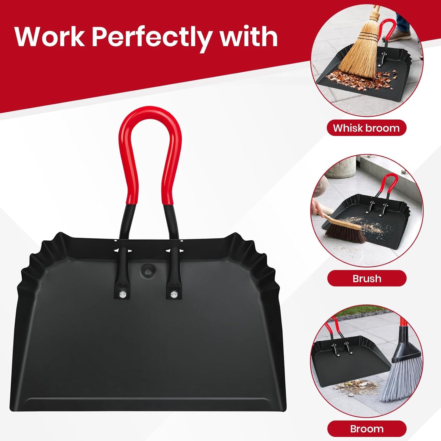 2PK 17” Heavy Duty Dustpan Metal Outdoor Dust Pans with Rubberized Non Slip Handle Extra Large Shovel Scooper for Commercial&Industrial Uses