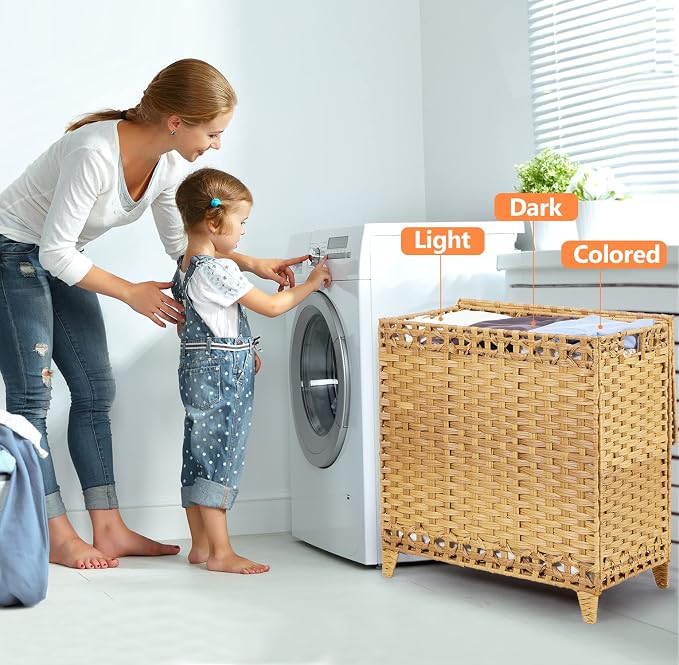 Laundry Hamper with 3 Removable Liner Bags; 132L Handwoven Rattan Laundry - Image 2