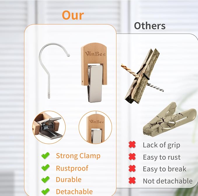 VinBee 6 PCS Hooks with Clips for Hanging, Wooden Laundry Hooks Hanging Clips - Image 4