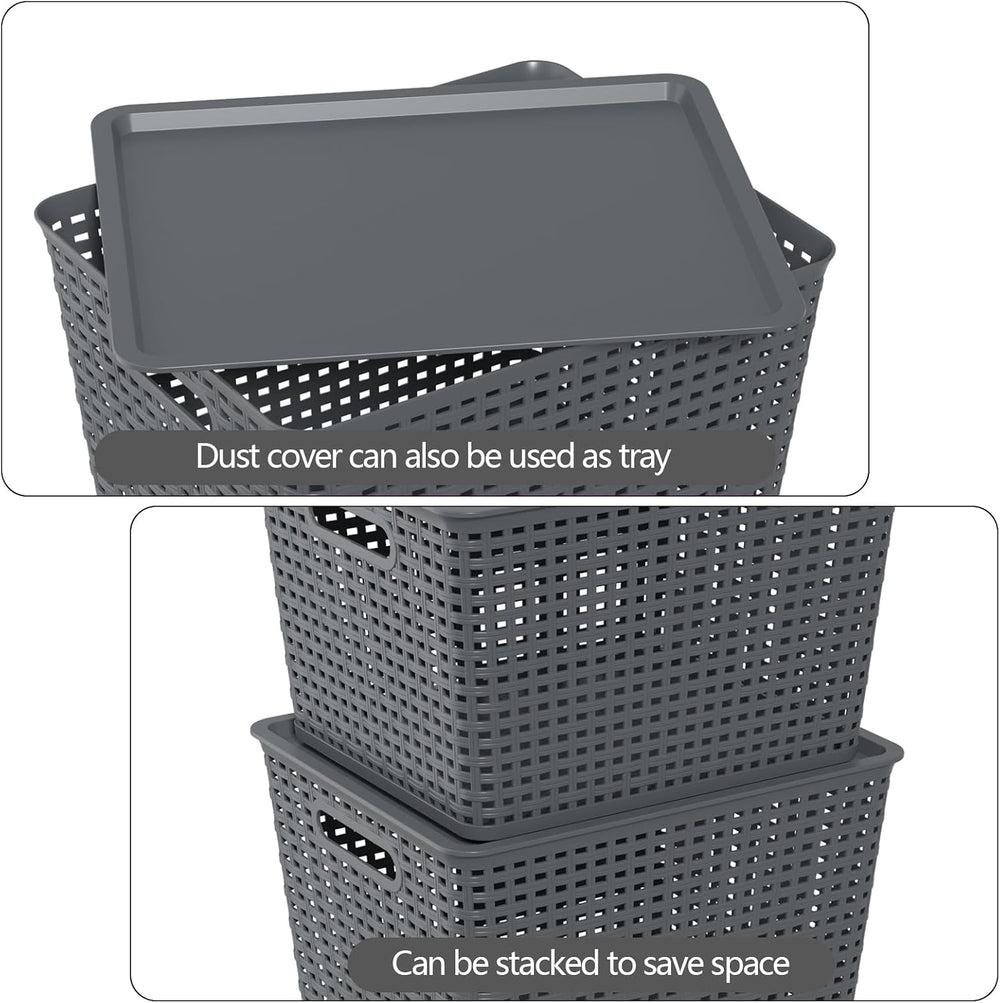 20 Quart Stackable Plastic Weave Storage Basket with Lid, 6-Pack