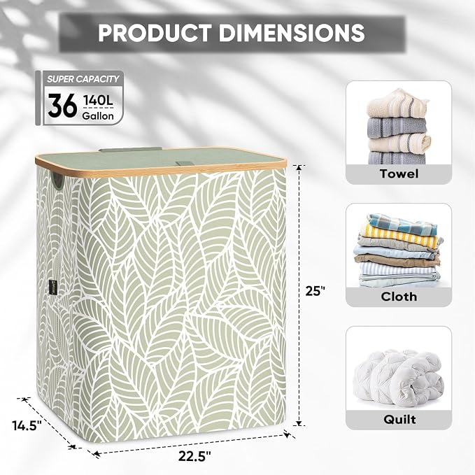 BALEINE Laundry Hamper with Lid, Tall Laundry Baskets with Bamboo Pull Handles - Image 4