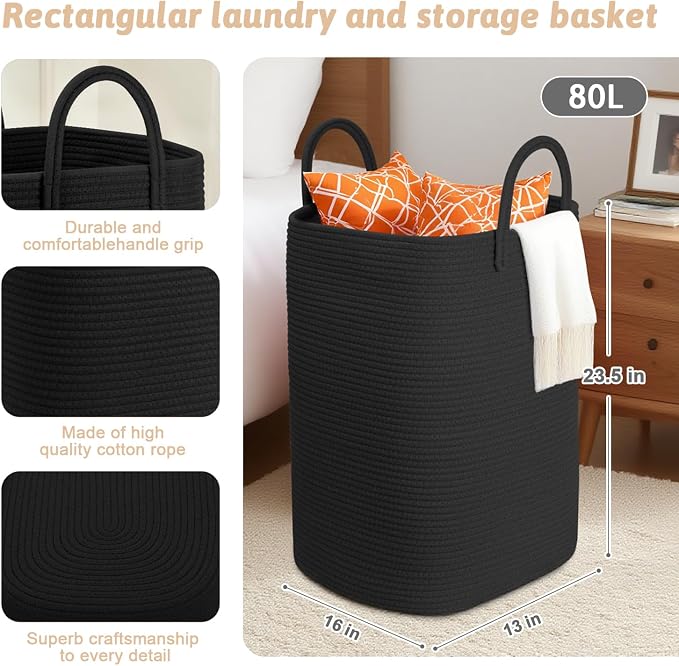 Laundry Basket, Woven Cotton Rope Laundry Hamper, 80L Versatile Storage - Image 2