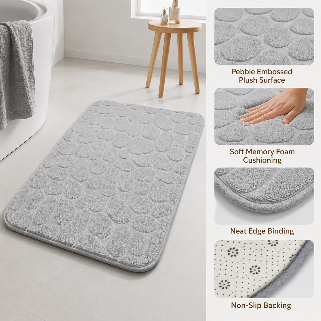 Non Slip Water Absorbent Bath Rug, 23.6" x 15.75" Soft and Comfortable Cobblestone Bathroom Rugs, Memory Foam Shower Bath Mat for Bathroom and Kitchen, Gray