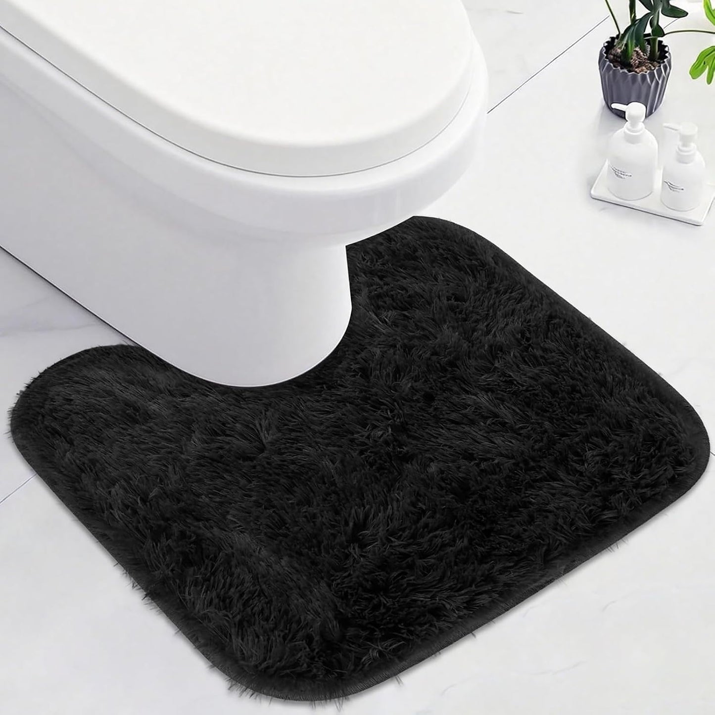 Toilet Rug U Shaped, Soft Fluffy Shaggy Bath Mat, Non Slip Contour Rug for Bathroom Black 20'' x 16''