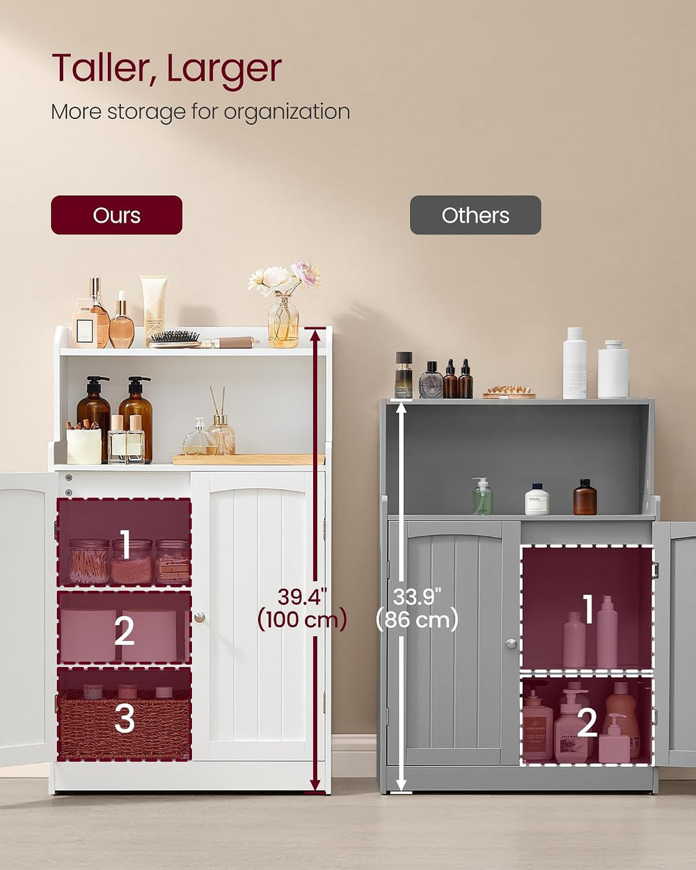 VASAGLE Tall Bathroom Storage Cabinet, Floor Cabinet with 2 Doors, 39.4" H